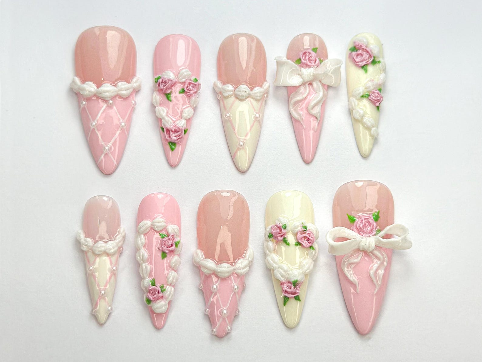 Coquette Pink Ribbon Press On Nails | 3D Blush Vintage Nail Set | Long French Ribbon Nails | Romantic Pink Press On Nails |JB760HC