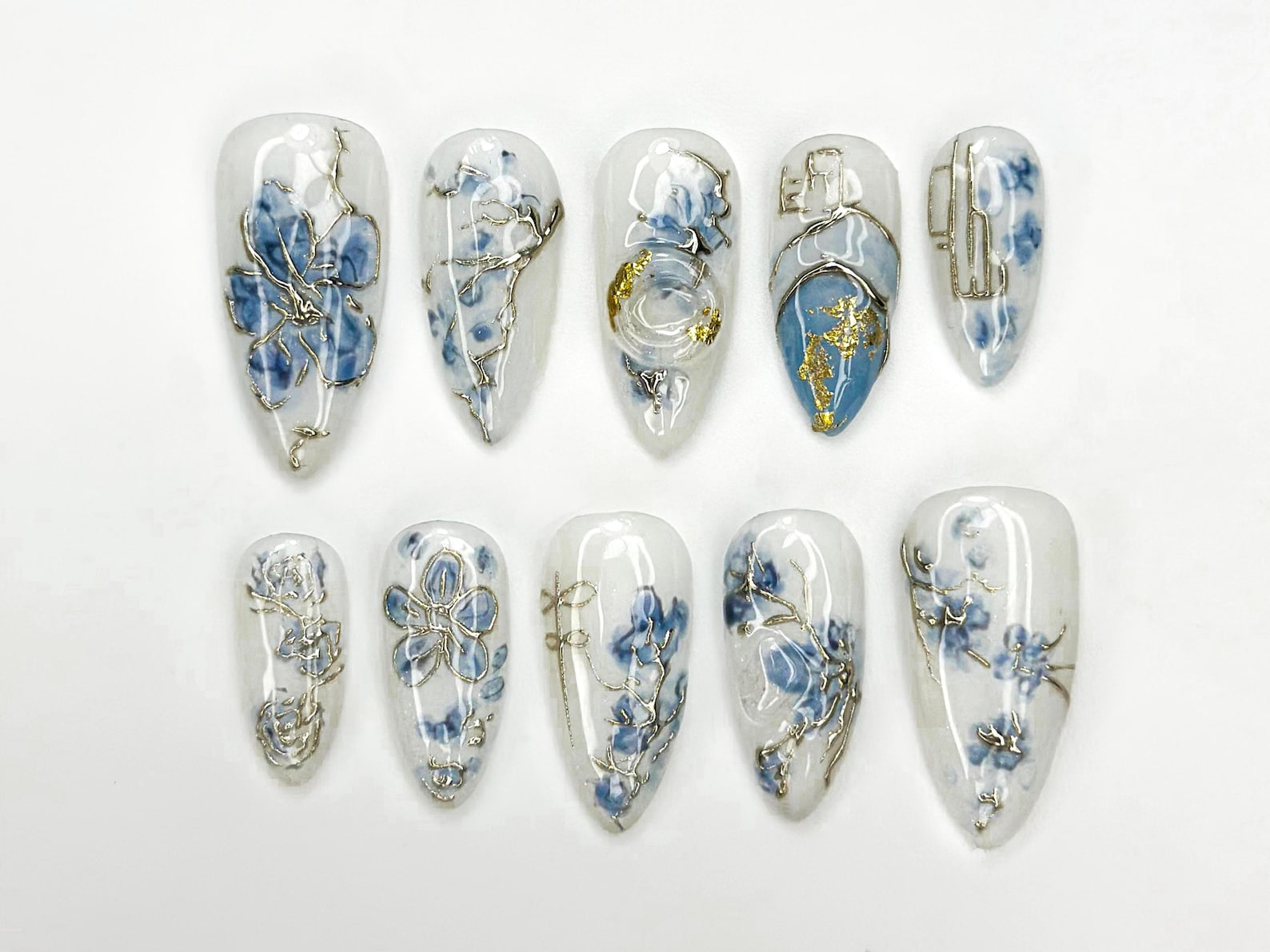 Blue Bloom Elegant Press On Nails | Chinese Luxury Floral Nails | Gold Wire Stiletto Nails | Clear Luxury Art Press Ons | JC299EC
