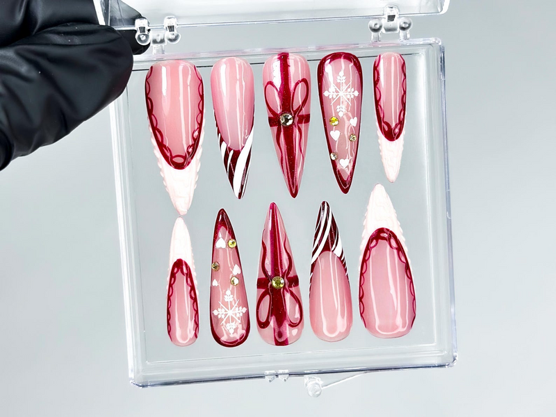 Elegant Burgundy Christmas Press On Nails | Glossy Christmas Nail Art| Winter Holiday Nail Art | Glossy Stiletto Press Ons | HB1194EC