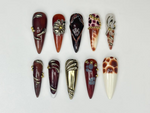 Autumn Luxe Press On Nails | Dark Red & Metallic Gold Nail Art | Handmade Gothic Glam Nails | Long Stiletto Nail | Luxury Fall Vibe| JB173HK