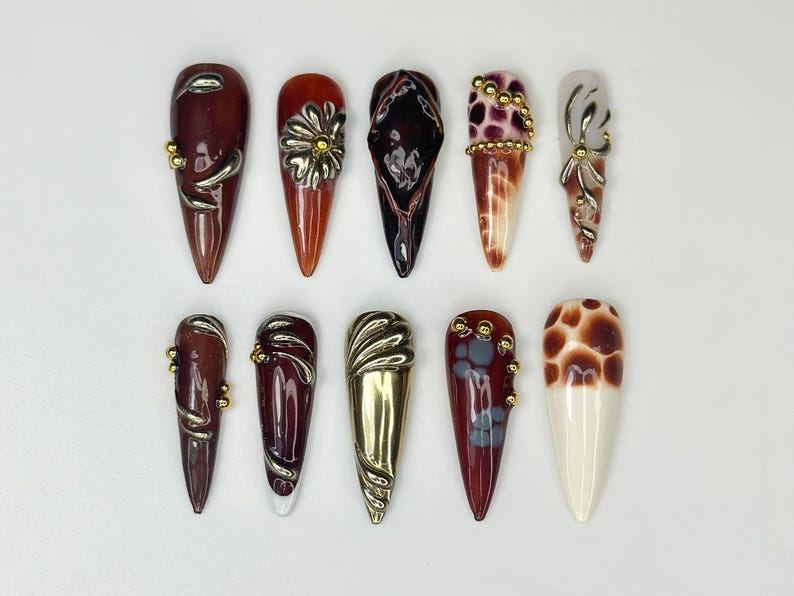 Autumn Luxe Press On Nails | Dark Red & Metallic Gold Nail Art | Handmade Gothic Glam Nails | Long Stiletto Nail | Luxury Fall Vibe| JB173HK