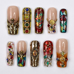 Handmade Baroque 3D Press-On Nails | Stained Glass Vitreaux Design | Long Square Gothic Fake Nails for Holiday, Vacation, Birthday | SKU: DORY-VTX001