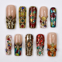Handmade Baroque 3D Press-On Nails | Stained Glass Vitreaux Design | Long Square Gothic Fake Nails for Holiday, Vacation, Birthday | SKU: DORY-VTX001