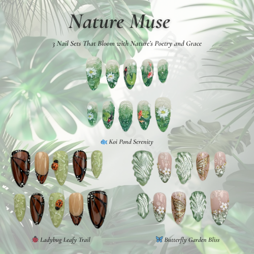 Nature Muse Nail Bundle | 3 Nature-Inspired Press On Nail Sets | Leaf, Butterfly & Floral Art | Reusable Nail Kit|DB103L