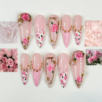 Pink Rose Press On Nails for Bridal | Handmade Rose Flower Nails with Pearls | Elegant Wedding Press Ons | Gold Frame Floral Nails | JB295HC