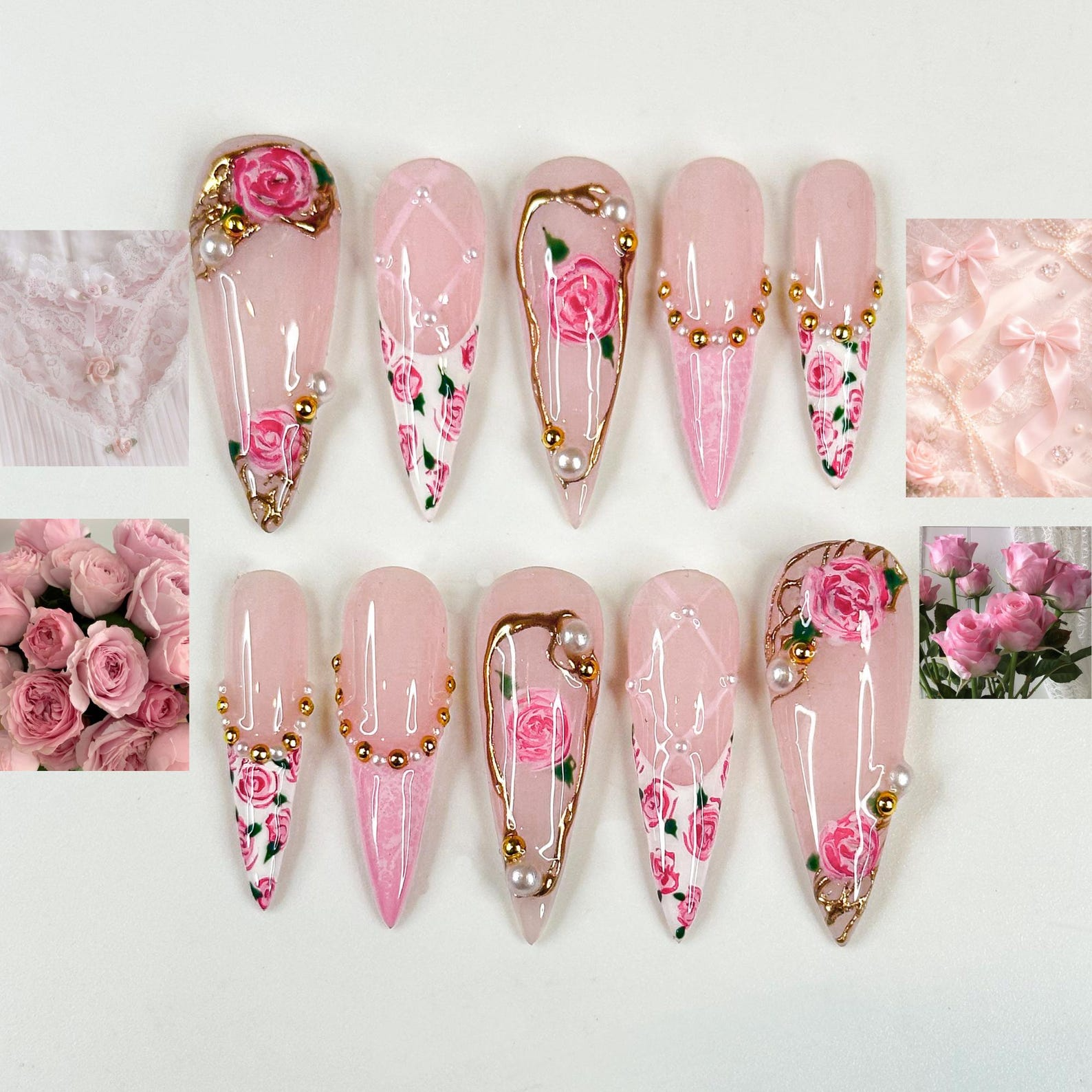 Pink Rose Press On Nails for Bridal | Handmade Rose Flower Nails with Pearls | Elegant Wedding Press Ons | Gold Frame Floral Nails | JB295HC