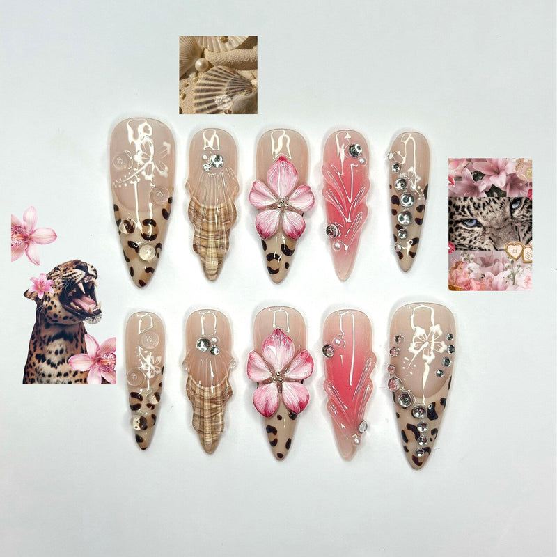 3D Hibiscus Flower & Tropical Muse Nails | Ethereal Goddess Press Ons | Luxury Seashell Art Nails |Nude Pink Floral Summer Nails | JB360IC