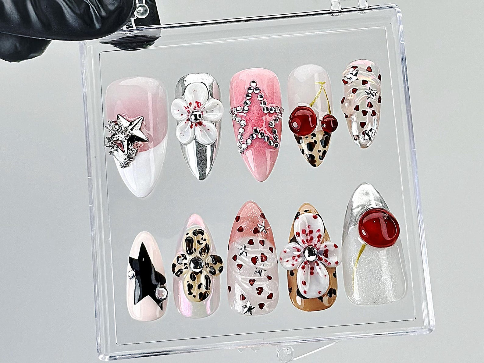 Leopard Print Star Press On Nails | 3D Rhinestone Fake Nails | Pink and Silver Nail Art | Cute Star Cherry Press Ons | Summer Nails |HB883YC