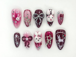 Gothic Bunny Dream Press On Nails | Red And Pink Festive Nail Art | 3D Bunny & Bow Charms | Starry Holiday Glam Nails | HB1177BC
