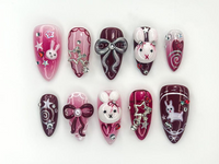 Gothic Bunny Dream Press On Nails | Red And Pink Festive Nail Art | 3D Bunny & Bow Charms | Starry Holiday Glam Nails | HB1177BC
