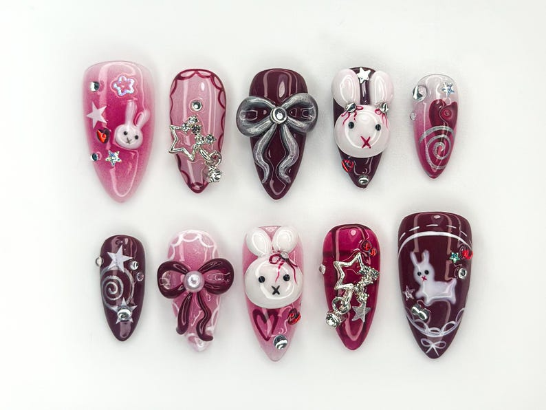 Gothic Bunny Dream Press On Nails | Red And Pink Festive Nail Art | 3D Bunny & Bow Charms | Starry Holiday Glam Nails | HB1177BC