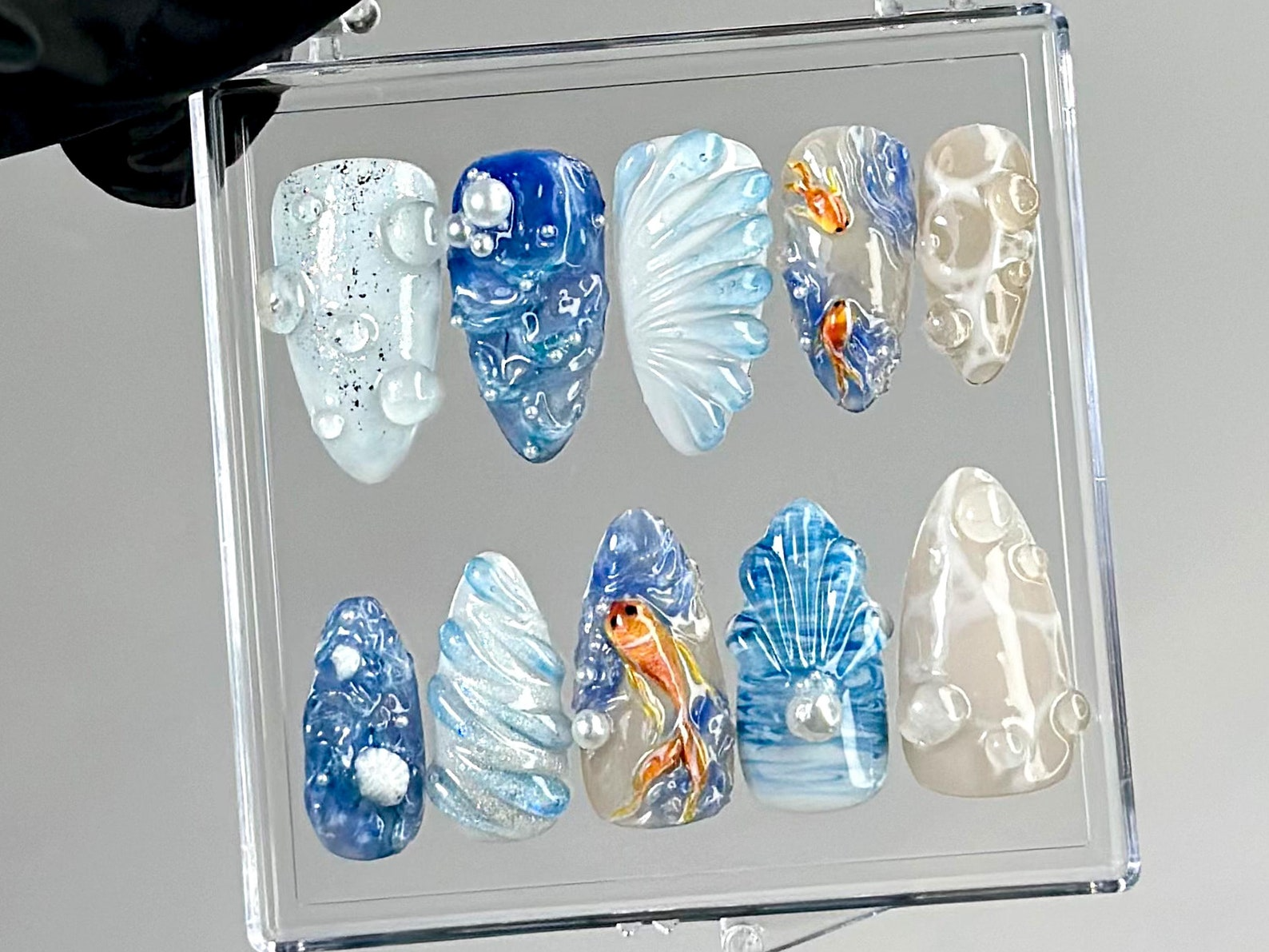 Ocean Koi 3D Press On Nails | Underwater Fantasy Press Ons | Custom Ocean Theme Fake Nails | Coastal Beauty Nail Art | Beach Vibes | HB753YC