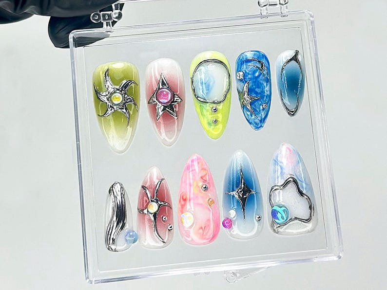 Iridescent Galaxy Press On Nails | Space Theme Fake Nails | 3D Celestial Nail Art | Shimmer Galaxy Press Ons | Starry Sky Press Ons |HB927YC