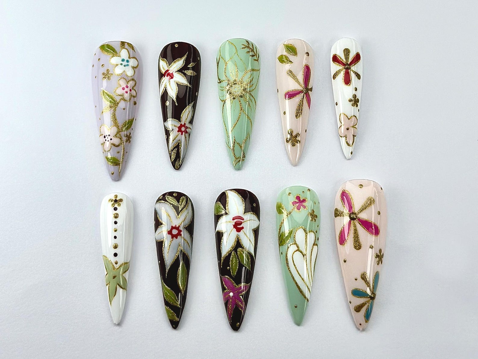 Oriental Floral Press On Nails | Floral Dragonfly Nail Art | Vintage Painted Flower Fake Nails | Inspired by Asian Jewelry | JB739YK
