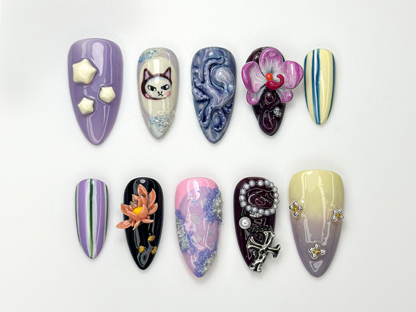Whimsical Violet Press On Nails | 3D Cat & Orchid Nail Art | Abstract Swirl Gothic Pearl Nails | Handmade Nail Set| Artistic Nails | JB981HC