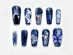 Midnight Gothic Butterfly Press On Nails | Dark Blue Fantasy Nail Art | 3D Butterfly, Skulls & Floral Accents | JC140EC