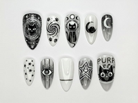 Cosmic Black Cat Press On Nails | Gothic Cat Nail Art | Moon Star Astrology Nails | Witchy Black White Press Ons | Mystic Nail Set | JB263H