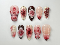 Elegant Red Floral Press On Nails By DoryNailArt | Burgundy & Blush Floral Art | Glossy Handmade Nails | Custom Wedding Nail Art | JC717H