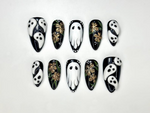 Midnight Ghost Garden Press On Nails | 3D White Ghost Nail Art | Black & Gold Floral Halloween Set | Handmade Spooky Long Nails | HB1081EK