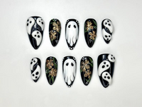 Midnight Ghost Garden Press On Nails | 3D White Ghost Nail Art | Black & Gold Floral Halloween Set | Handmade Spooky Long Nails | HB1081EK