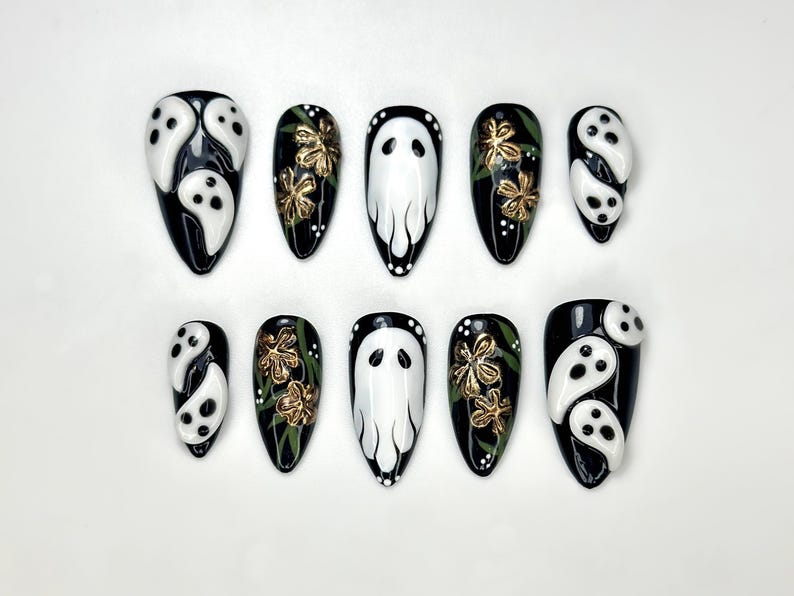 Midnight Ghost Garden Press On Nails | 3D White Ghost Nail Art | Black & Gold Floral Halloween Set | Handmade Spooky Long Nails | HB1081EK