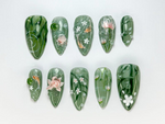 Green Forest Koi Press-On Nails | Handmade Koi Fish Nail Set | Green Floral & Marble Press-Ons | Glossy Press-On Nail Set | JB723HK