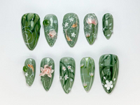 Green Forest Koi Press-On Nails | Handmade Koi Fish Nail Set | Green Floral & Marble Press-Ons | Glossy Press-On Nail Set | JB723HK