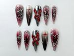 Gothic Blood Red Press-On Nails | Edgy Black And Red Press-Ons | Gothic Press-On Set | Cyberpunk & Gothic Nails | JB726HC