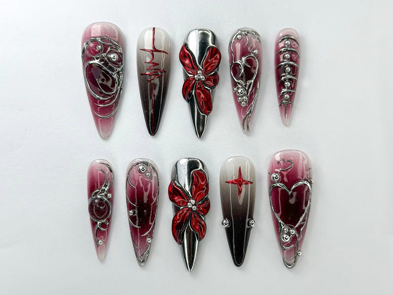 Gothic Blood Red Press-On Nails | Edgy Black And Red Press-Ons | Gothic Press-On Set | Cyberpunk & Gothic Nails | JB726HC