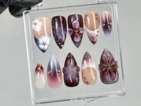 Luxury Purple Press On Nails | Glossy Ombre Press Ons | Deep Burgundy Fake Nails | 3D Blossom Nail Art | Long Almond Nails | HB746YK