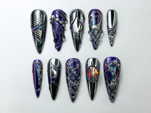 Metallic Dragon Scale Press-On Nails | Gothic Fantasy Inspired Set | Unique 3D Chrome Press-Ons | Cyberpunk And Gothic Nails | JB725HC