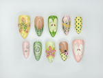 Green Garden Press On Nails | 3D Floral Accents, Ladybug Charms & Whimsical Pastel Nail Art | Handmade Nature-Inspired Nail Set | JB123EC
