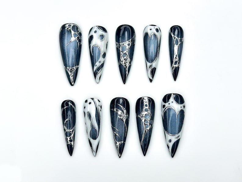 Winter Galaxy Press On Nails | Black & Silver Metallic Nail Art | Space-Inspired Chrome Design | Gothic Celestial Nails | HC1166BK
