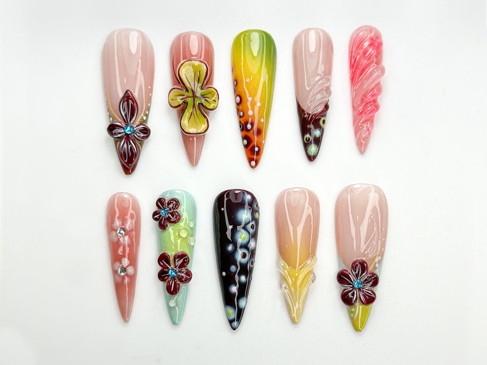 Tropical Sunset Floral Press On Nails | Vibrant Gradient Nail Art | 3D Island Flowers & Ombre Tips | Handmade Summer Nails | JC796HK