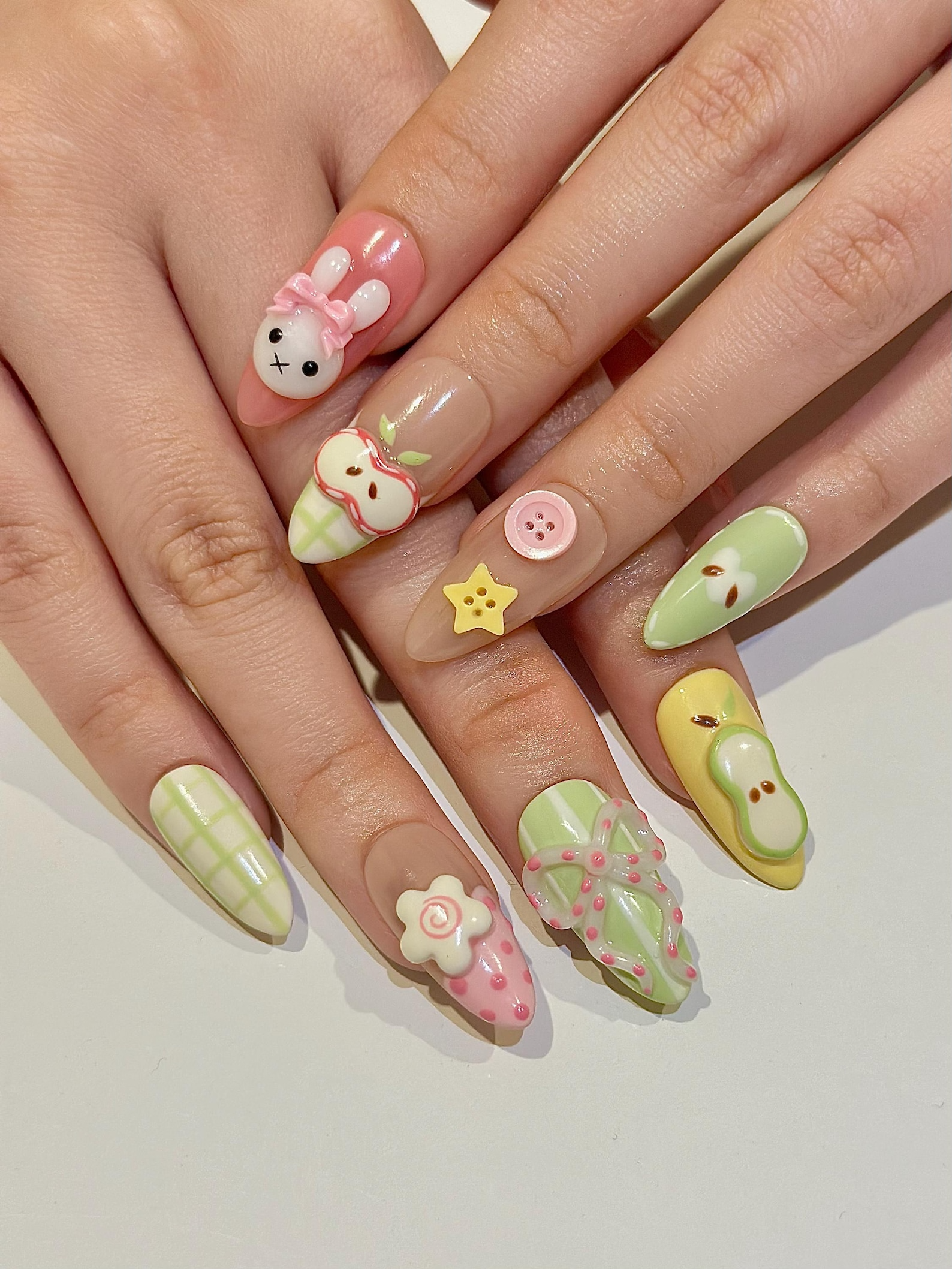 Kawaii Bunny Easter Press On Nails, Pastel Green and Pink Plaid Nails, Colorful Pastel Gingham Fake Nails For Cute Lover, HB1291H