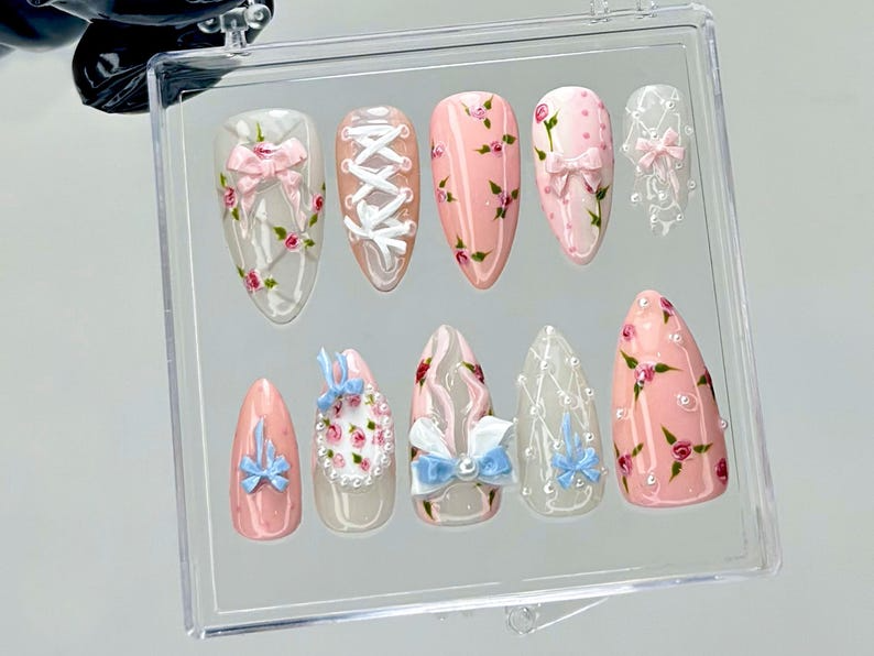 Balletcore Rose Press On Nails | Floral Lace Fake nails| Vintage Rose Nail Art | Feminine Handmade Kawaii Nails | Luxury Nails | HB940YC