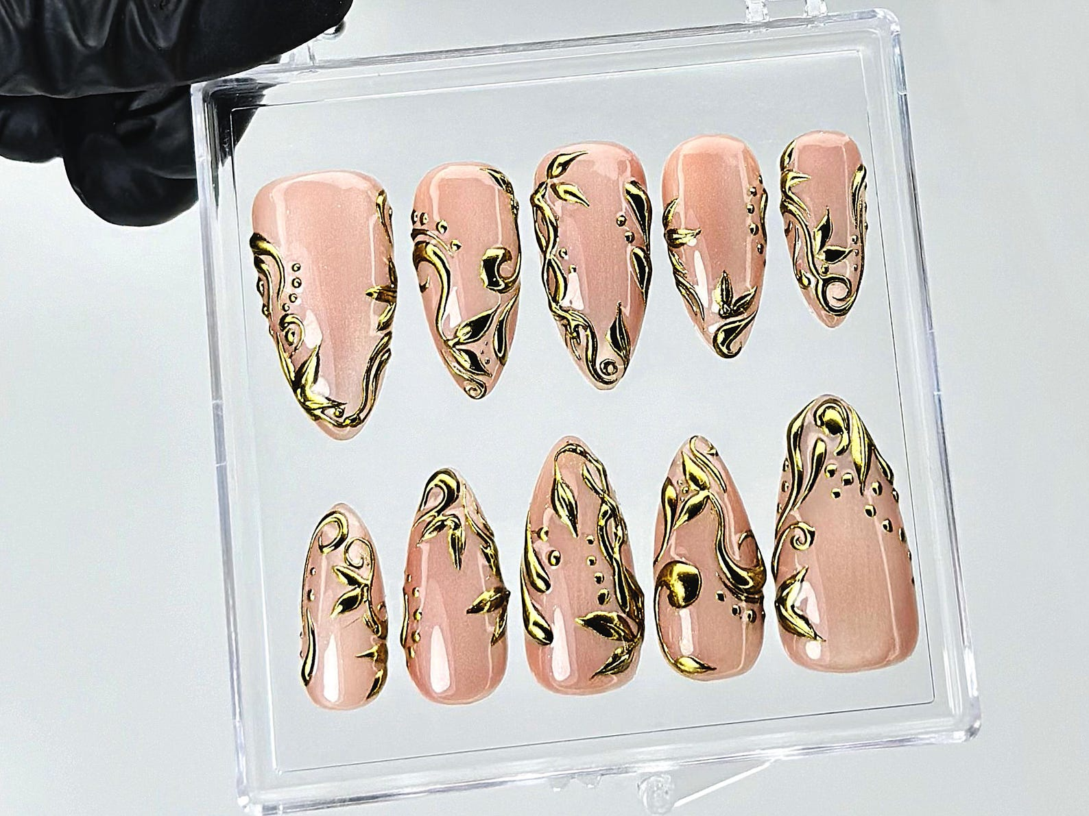 Nude Gold Leaf Press On Nails | Elegant Baroque Swirl Fake Nails | Metallic Accent Luxury Nail Art | Gold Foil Nude Press Ons | HB898YC