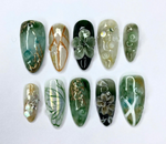 Handmade Jade Press On Nails | Glossy Green Botanical Nails | Elegant Stone Look Nails | Gold Marble Accents | 3D Nail Set