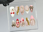 Romantic Cherry Press On Nails | Handmade Cherry, Gold Bead Press Ons | Pink & Gold Bow Fake Nails | French Tip Nail Art | HC782YK