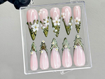 Sculpted Floral Press On Nails | Glossy Green Leaf Nail Art | Ethereal Spring Press Ons | Elegant Flower Tips Fake nails | Luxury | HB944YK