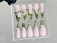 Sculpted Floral Press On Nails | Glossy Green Leaf Nail Art | Ethereal Spring Press Ons | Elegant Flower Tips Fake nails | Luxury | HB944YK