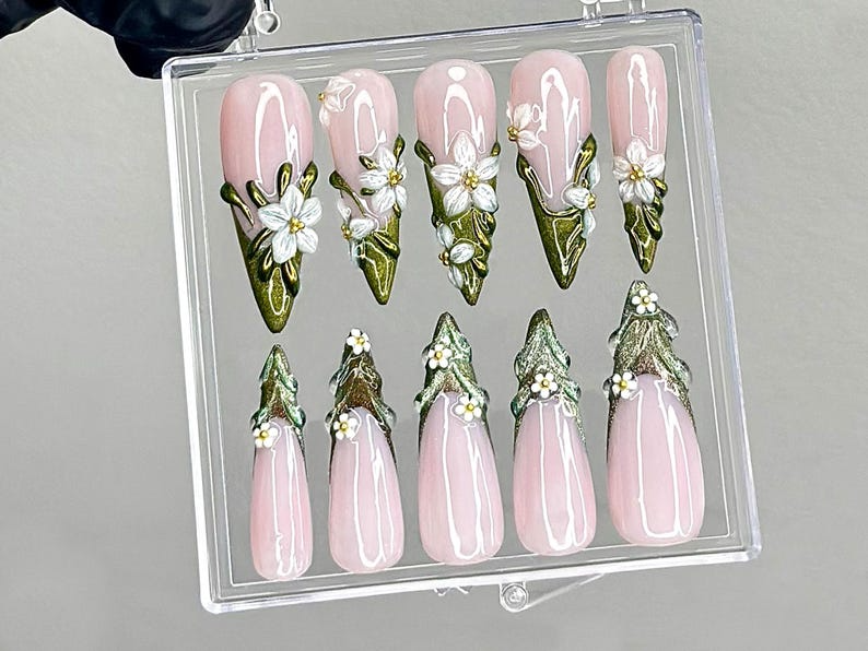 Sculpted Floral Press On Nails | Glossy Green Leaf Nail Art | Ethereal Spring Press Ons | Elegant Flower Tips Fake nails | Luxury | HB944YK