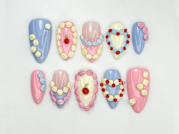 Pastel Birthday Party Press On Nails |Sweet Dessert-Inspired Nails | 3D Pastel Icing & Cream Nail Art | Handmade Birthday Nails | JB808HC