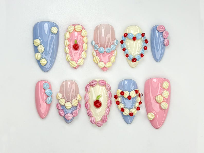 Pastel Birthday Party Press On Nails |Sweet Dessert-Inspired Nails | 3D Pastel Icing & Cream Nail Art | Handmade Birthday Nails | JB808HC