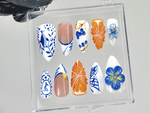 Porcelain Blue Floral Press On Nails | Oriental Ceramic Fake Nails | Orange Blossom Nail Art | Butterfly Citrus Nails | Luxury Nails|HB903YK