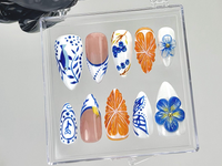 Porcelain Blue Floral Press On Nails | Oriental Ceramic Fake Nails | Orange Blossom Nail Art | Butterfly Citrus Nails | Luxury Nails|HB903YK