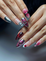 Y2K Chrome Star Press On Nails | Burgundy Gradient Stiletto Nails | Retro Heart Nail Art | Metallic Nails | Handmade Press Ons | HC1302HC