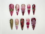 Crimson Gold Floral Press On Nails | 3D Red Floral & Gold Nail Art | Sculpted Jewel Accent Nails | Handmade Elegant Press On Set | JC992HP
