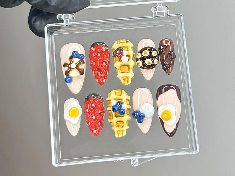 Kawaii Brunch Press On Nails | 3D Food Nail Art | Strawberry Waffle Press Ons | Funny Food Fake nails | Egg & Strawberry Nails | HB955YC