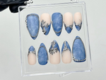 Silver Trim Denim Press On Nails | Blue Jean Fake Nails | Cowgirl Style Nail Art | Western Denim Press Ons | Textured Denim Nails | HB926YC
